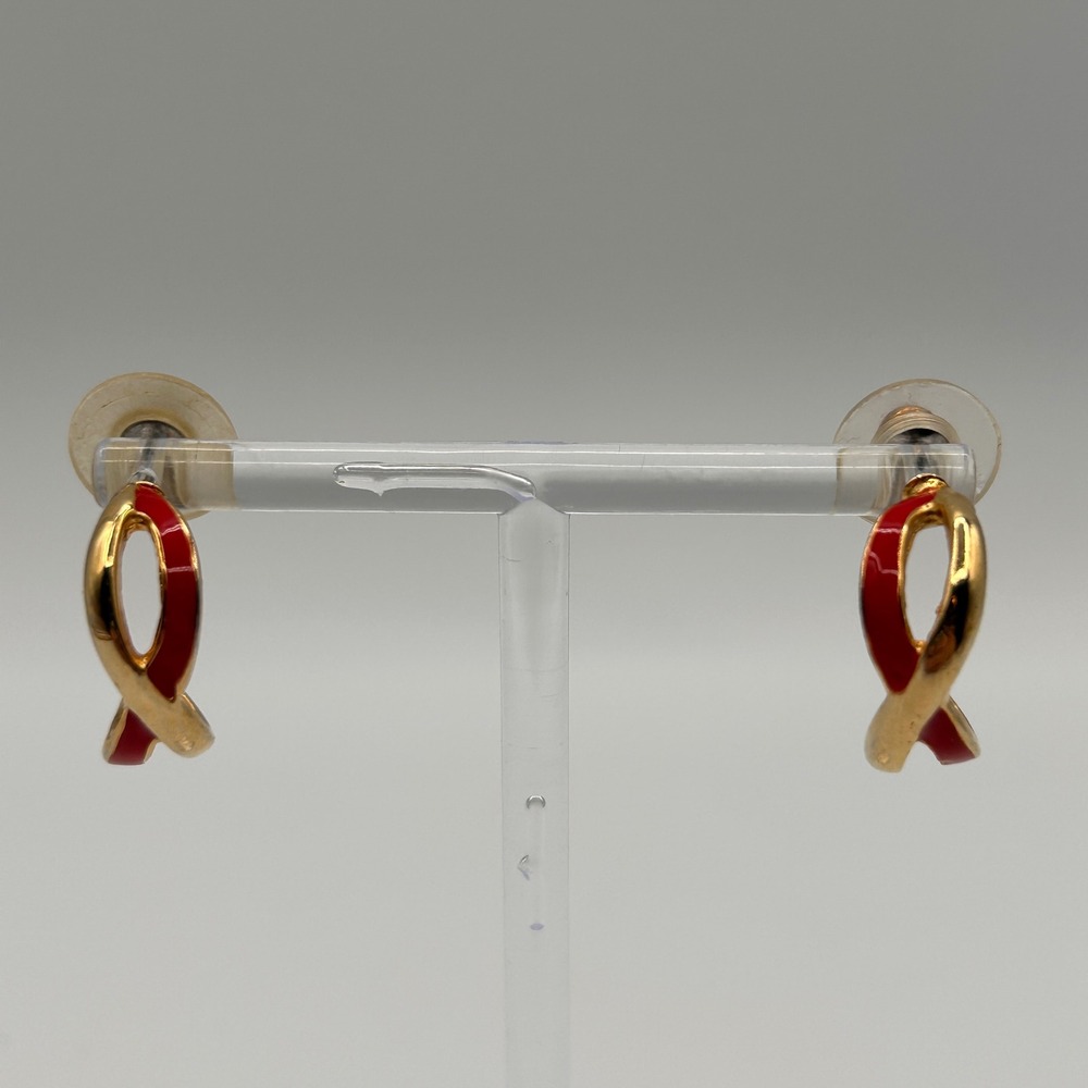 Vintage Gold Tone Red Enamel Twisted Ribbon C Hoop Post Pierced Earrings .75"